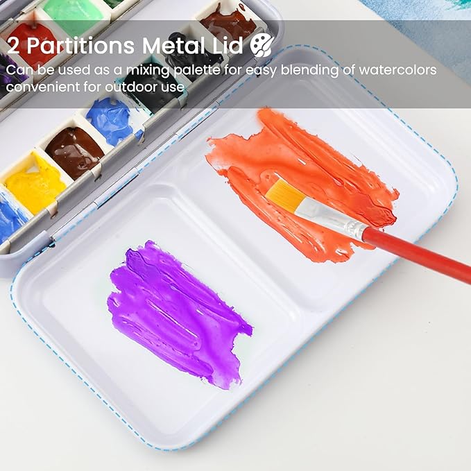 HAUSTG0 Metal Watercolor Palette - Empty Tin with Paint Tray and 14 Half Pans - Travel Palette with Lid