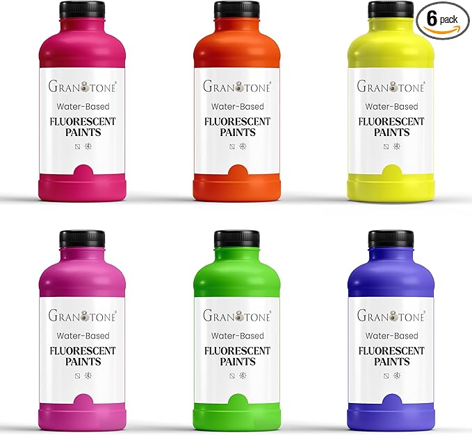 GRANOTONE Neon Fluorescent Acrylic Paint Set - 6 Colors, 16 oz Each | Glows in Black Light | Non-Toxic & Vibrant Paint | Ideal for Art, Crafts, Kids, & Hobbyists | Made in India