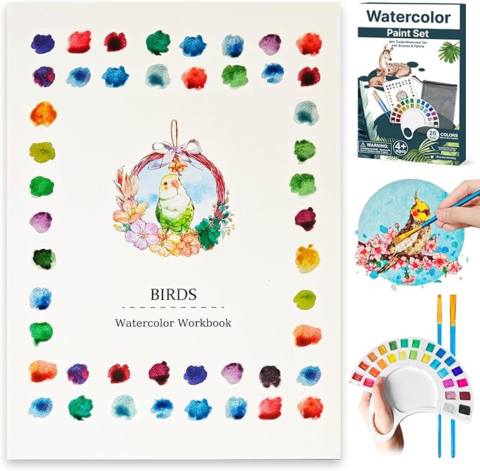 Watercolor Workbook, Water Coloring Book with 13 Pages 300GSM Paper, 26 Colors Watercolor Paint Set with Brush & Storage Bag, Beginner-Friendly Coloring Book for Adults - Birds Theme Art Kit