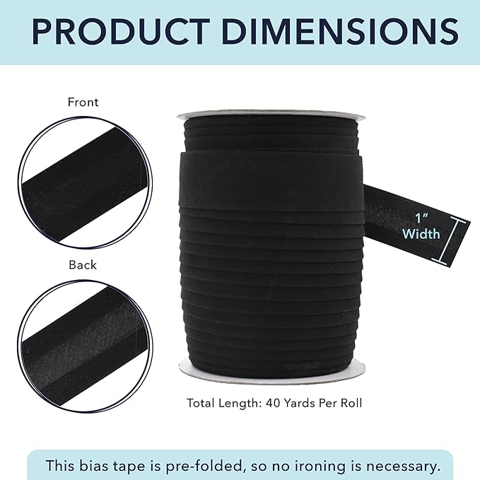 Mandala Crafts 1 Inch Single Fold Bias Tape for Sewing, Quilting, Piping, Hemming, Blanket & Quilt Binding – 40 Yards Black Fabric Seam Binding Tape