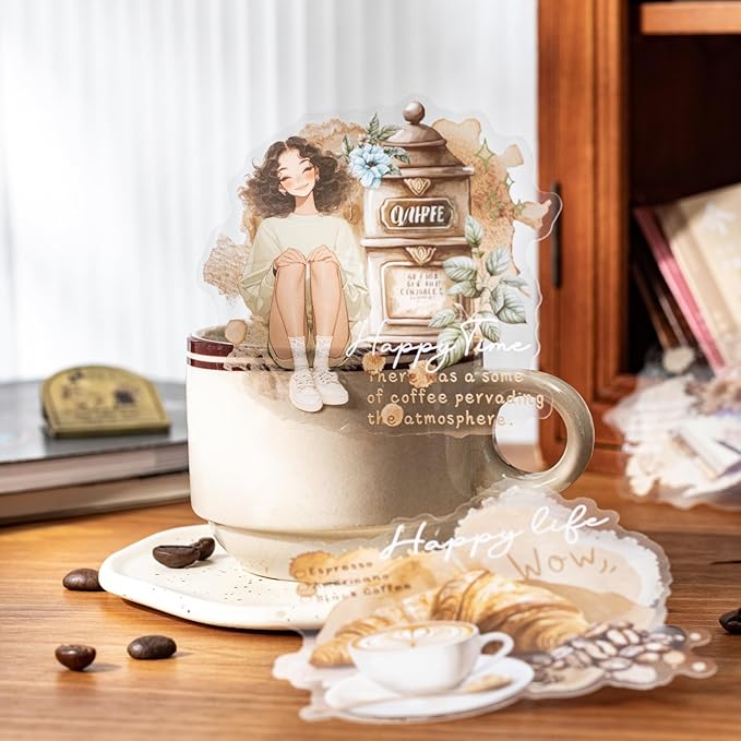 Coffee Aesthetic PET Stickers, 60 Pcs Large Collage Ephemera for Scrapbooking, Journaling, DIY Crafting, and Art Supplies