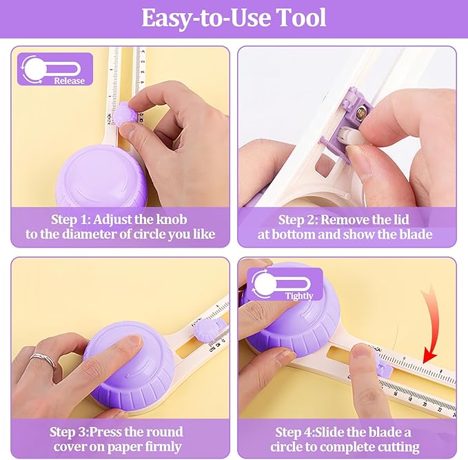 Circle Paper Cutters，Adjustable Rotary Circle Cutter，Circular Cardboard Circle Cutter with 3 Replaceable Blades, Trimmer Scrapbooking Tools，DIY Craft Cutting Tools Purple