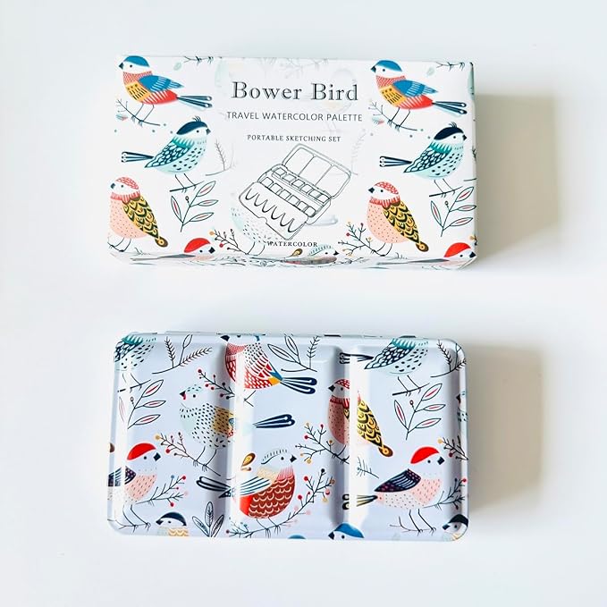 Bower Bird Travel Watercolor Palette,Portable Ceramic Palette,Empty Paint Palette,Small Travel Metal Paint Boxwith Porcelain Palette (24Well)