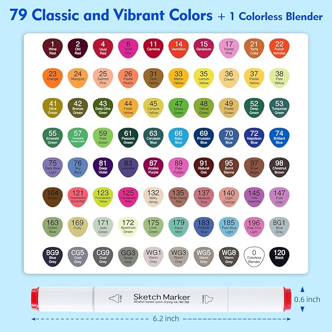 80 Colors Alcohol Based Markers，Dual Tip （Chisel & Fine） Permanent Drawing Markers Set for Adult and kids Coloring Books, Sketching, Illustration, with Clear Box