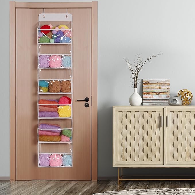 Univivi Door Hanging Yarn Storage Organizer, Knitting & Crochet Organizer with 6 Clear Plastic Pockets & 2 Big Metal Hooks for Knitting Needles, Crochet Hooks, Yarn Balls