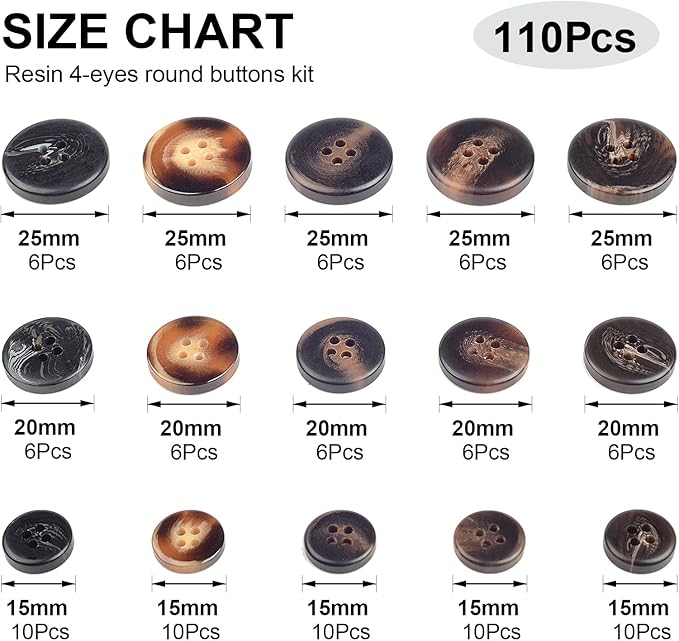 110Pcs Mixed Sewing Buttons, 4-Hole Craft Round Blazer Buttons, 5 Color 3 Size(15mm,20mm,25mm) Suit Coats Resin Button, Suitable for Variety Clothing Sewing, DIY Craft(Brown)