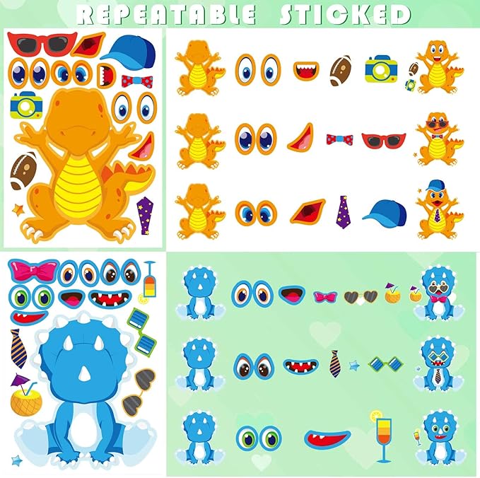 27 Sheet Dinosaur Stickers, Make Your Own Dinosaur Stickers for Kids，Make a Face Stickers Dinosaur Birthday Party Supplies,DIY Project Dino Theme Birthday Party Favor for Kids