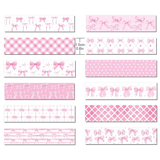 12 Rolls Pink Bow Washi Tape Set Bowknot Decorative Masking Tape Set - Bowknot, Buffalo Plaid Decorative Masking Tapes for Scrapbooking, Journaling, Coquette Party Decor, DIY Art Crafts