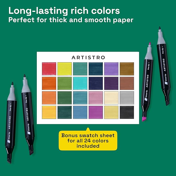 Alcohol Dual Tip Markers Set of 24 with No Bleed Ink, Bonus Case and Vibrant Fade-Resistant Colors, Art Supplies for Sketching, Manga, Drawing, Adult Coloring Books, Card Making (Fine & Chisel)