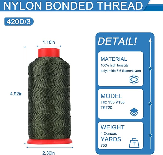 Heavy Duty Bonded Nylon 66 Sewing Thread 420D/3 T135#138 750 Yards for Canvas Furniture Upholstery Leather Goods Leather Footwear Outdoors(660, 420D/3)
