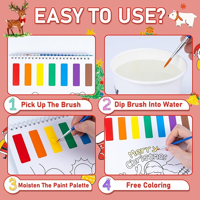 PIRIE Christmas Paint with Water Coloring Books for Toddlers | Travel-Friendly Mess-Free | Christmas Crafts for Kids | Large Size Art Gift for Kids Ages 3+