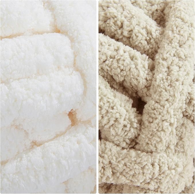 HOMBYS 8 Pack Assorted Chunky Yarn for Crocheting,Super Bulky Large Soft Fluffy Yarn,Plush Fuzzy Yarn,Thick Chenille Yarn for Hand Knitting/Arm Knitting,4 White & 4 Khaki(27yds,8 oz Each Skein)