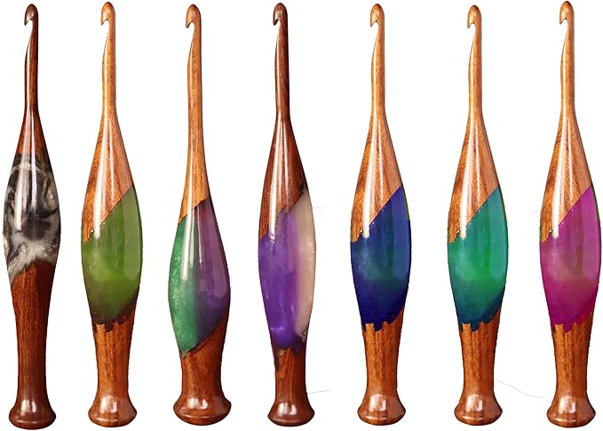 Wooden Crochet Hook Collection for Yarn Crafts |Resin-Embellished Crochet Hook Set for Effortless Knitting and Crocheting – Wood Crochet Needle Set