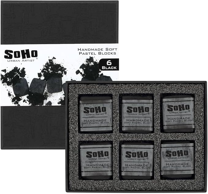 Soho Urban Artist Handmade Soft Pastel Blocks - Black Set of 6 Professional Pastels - Velvety Colors for Toning Paper, Large-Scale Drawings, & Layering - Lightfast and Highly Pigmented