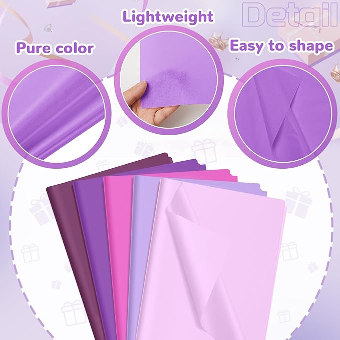 Qilery 500 Sheets Purple Tissue Paper Bulk for Gift Bags Flower Wrapping 15 x 20 Inch Acid Free Packaging Lavender Paper Sheets for Valentine's Day Easter Decoration DIY Craft, Wedding Party, Shipping