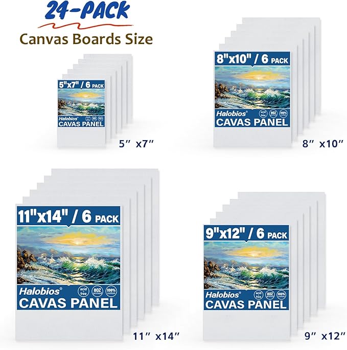24-Pack Canvas Boards for Painting, 6 of 5x7 8x10 9x12 11x14 Canvas Panels for Kid & Adults 100% Cotton Gesso Primed Art Painting Supplies for Acrylic, Oil, Tempera & Watercolor