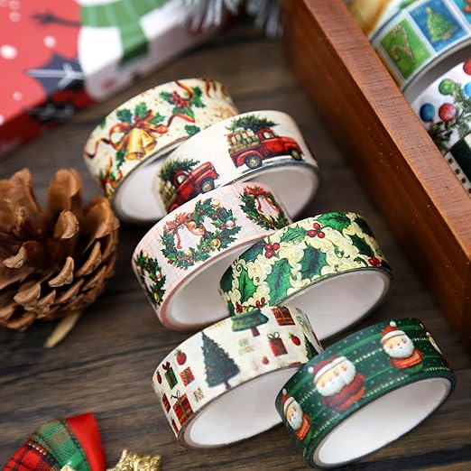 12 Rolls Christmas Washi Tape Set, Vintage Cartoon Xmas Decorative Tape Santa Holiday Retro Masking Tape for Journaling Supplies, Junk Journal, Scrapbooking, DIY Arts & Crafts, Gift Wrapping