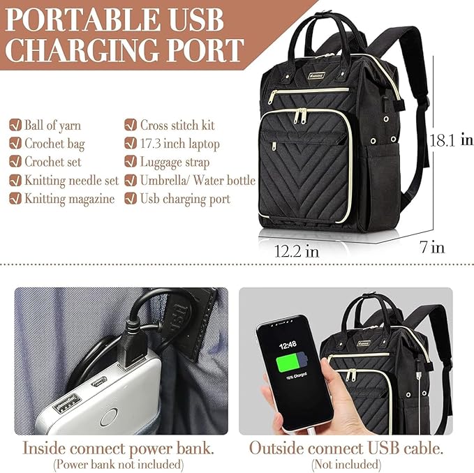 Knitting Bag Backpack, Yarn Organizer with USB Charging Port, Quilted Backpack for Women, Christmas Gifts Large Travel Crochet Bag Totes for Crochet Hooks, Knitting Needles, Yarn Supplies, Black