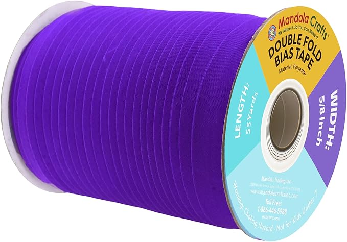 Mandala Crafts 55 Yards 5/8 Inch Purple Double Fold Bias Tape for Sewing - Bias Binding Tape for Quilting Binding, Hemming, Seam, and Fabric Piping