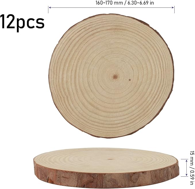 KINJOEK 12 PCS 6-7 Inch Natural Wood Slices with Bark, Unfinished Round Wooden Ornaments Coasters Circles Bulks for Crafts Centerpieces DIY Rustic Wedding Decorations Christmas