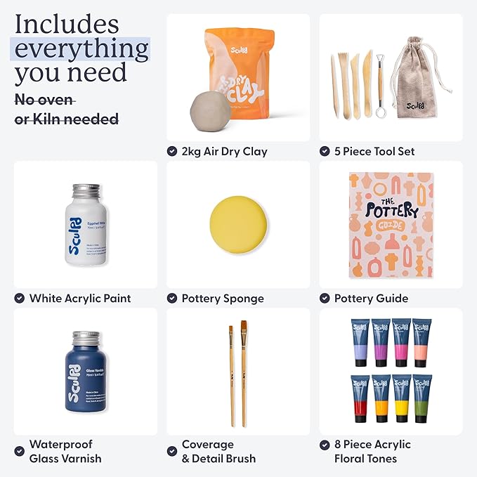Sculpd - The Original Pottery Kit - Complete Air Dry Clay Kit for Adults Includes Sculpting Tools, Varnish, Paint Brushes, Guides, Arts & Crafts Sets, Gloss Varnish with Floral Tones