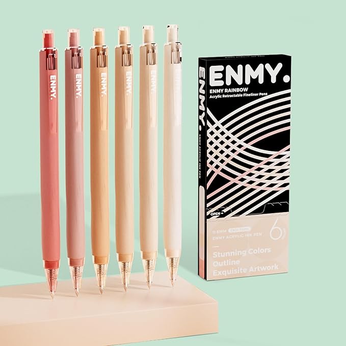 ENMY Acrylic Fineliner Pen, 6Pcs Aesthetic Colors 0.6mm Fine Point Retractable Markers, Colorful Drawing Pen for Journaling, Outlining, Sketch, Note-Taking, Smooth Art Pens for Adults & Kids