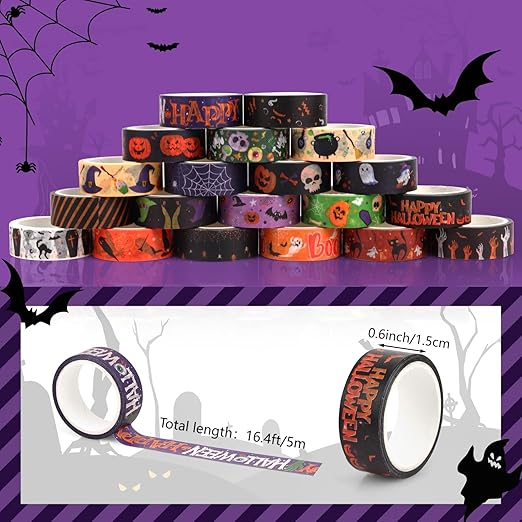 Halloween Washi Tape Set 20 Rolls Halloween Scary Decorative Tape for Kids Holiday DIY Art Crafts Notebook Scrapbooking & Stamping Supplies
