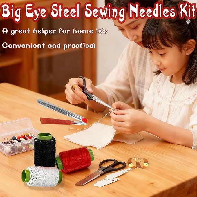 Big Eye Steel Sewing Needles Kit 34PCS,Stainless Steel Hand Sewing Needles,Multi-Purpose Needle and Thread Kits, Portable DIY Hand Made Craft Set for Beginners &Handicraft Enthusiasts& Daily Use
