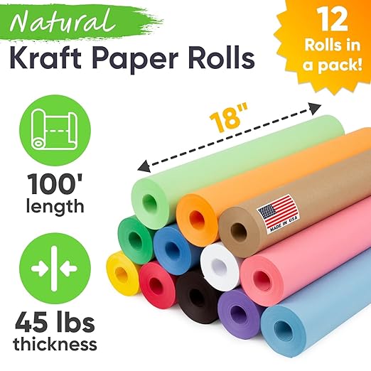 18" x 1200" (100 ft) Pack of 12 Rolls USA Made Multi-Color Kraft Paper Rolls Set, 45 lbs – Colored Paper for Arts and Crafts, DIY Projects, Gift Wrapping, Packing