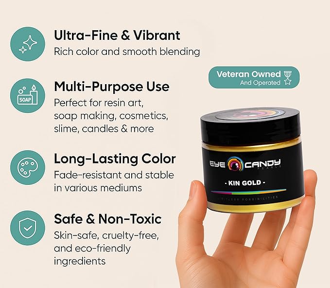 Eye Candy Pigments Premium Gold Mica Powder - Kin Gold (50gr) - for Epoxy, Resin, Soap, Paint, Woodworking, Acrylic Pouring, Bath Bombs, Fishing Lures - DIY Arts and Crafts Additive