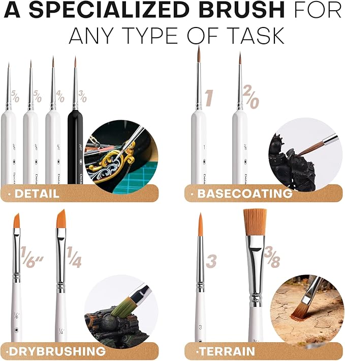 Golden Maple Model Brush Set, 4 Large Dry Brushes 6 Masterclass Kolinsky Sable Miniature Paint Brushes, Fine Detail Paint Brush Set - for Miniature Painting, Drybrushing, Layering & Insane Detail