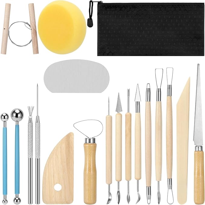 Y9A5N0K3O Pottery & Clay Sculpting Tools 19pcs, Air Dry Clay Tools, with Wooden Handles and Tool Bag, for Trimming, Embossing Pattern, Sculpting, Modeling, Shaping