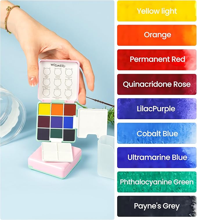 Woomer Travel Watercolor Paint Sets - 9 Pigment Colors, All-In-One Kits (Pouch, Brush, Cardstock), Bulk Watercolor Sets for Studios & Gifting