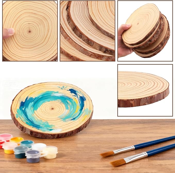 FSWCCK 6 PCS Unfinished Wood Slices for Centerpieces - 6-7 Inch,Round Natural Discs with Tree Bark, Wooden Cookies Circles for Crafts Christmas Ornaments, Rustic Wedding Decor,Table Decoration(6"-7")