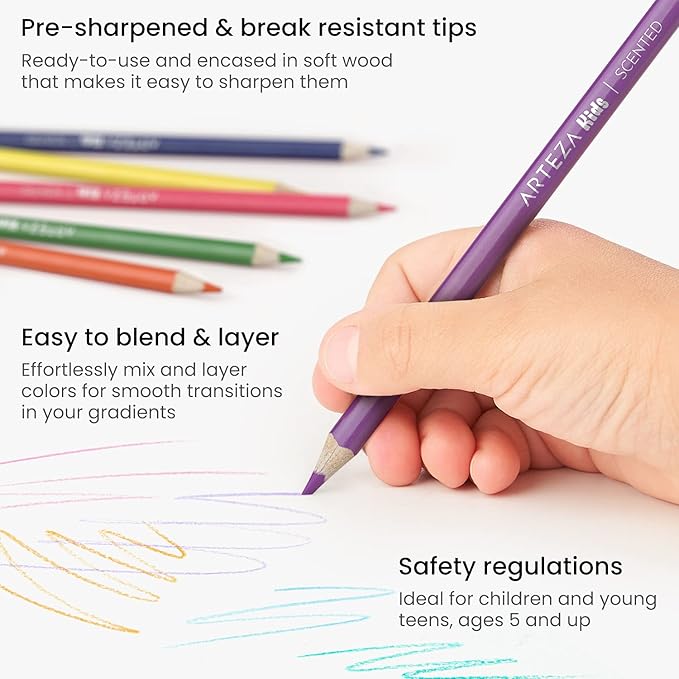ARTEZA Scented Colored Pencils for Kids, 24 Triangle Pre-Sharpened Non-Toxic Smelly Pencils, for School Drawing, Arts & Crafts