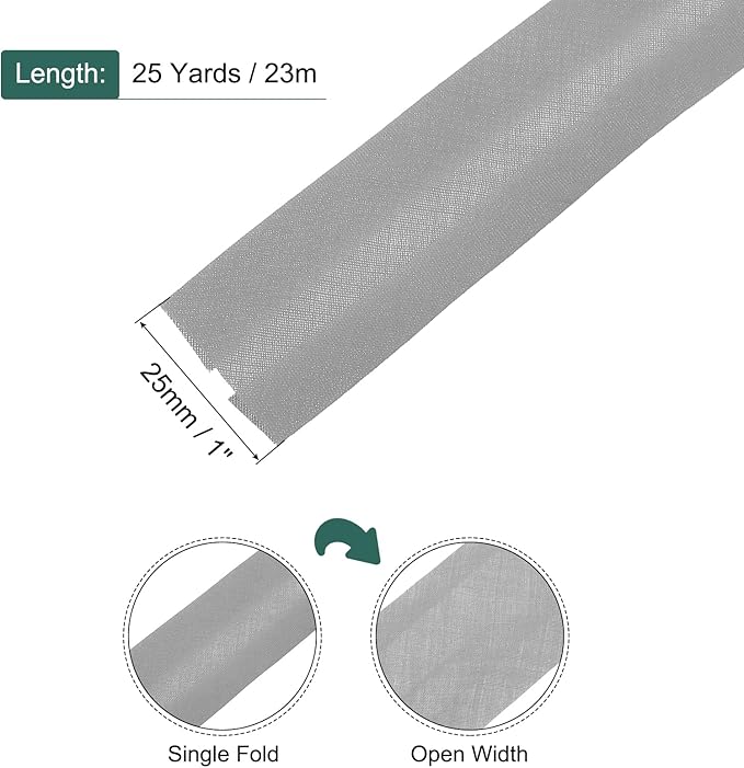 MECCANIXITY 1 Inch Single Fold Bias Tape Polyester Continuous Bulk Bias Tape for Sewing,Seaming Quilting Hemming Binding Crafts (Gray 25 Yards)