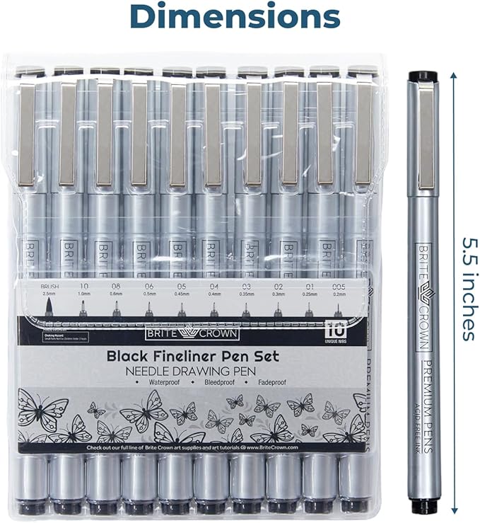 Drawing and Sketching Pens Set - 10 Black Fineliner Pens 0.2mm to 1.0mm Width Tips & 2.5mm Micro Calligraphy Brush-tip Pen, Ideal Gift Idea for Artists and Beginners