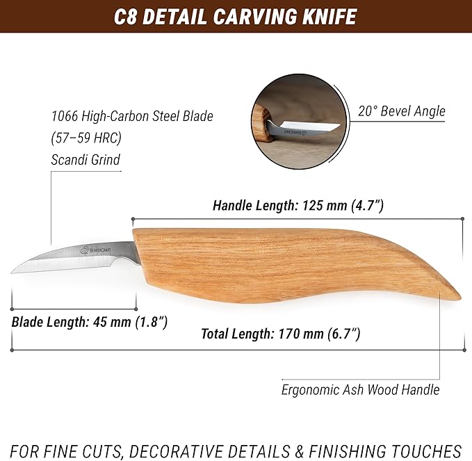 BeaverCraft Wood Chip Carving Knife C8 1.8" Sloyd Whittling Knife for Detail - Wood Carving Tools for Beginners and Kids