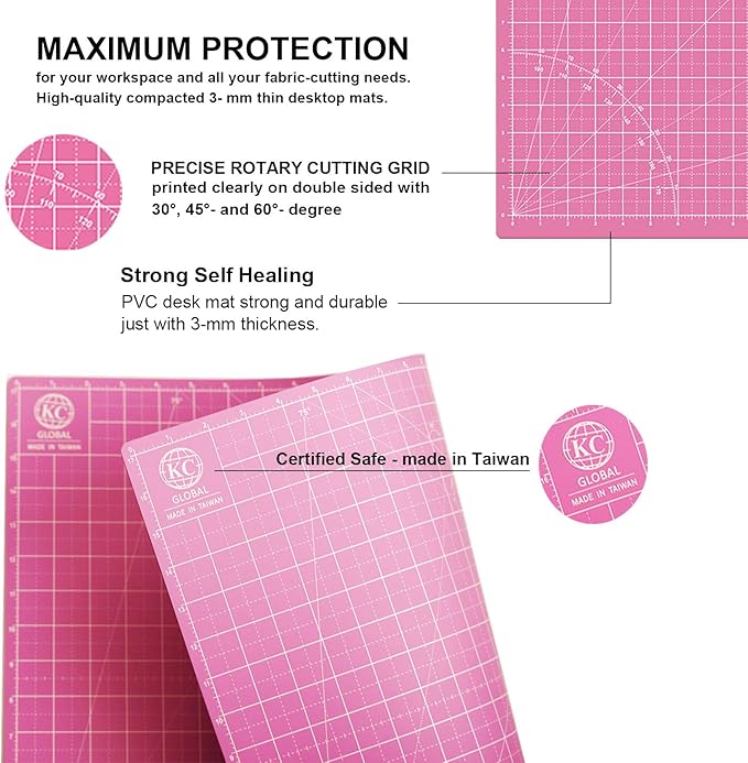 KC GLOBAL A2 (24"x18") Self-Healing Cutting Mat (Pink) - Sturdy, Reversible, Eco-Friendly, Non-Slip. Premium Desk Mat for Crafters, Quilters, and Hobbyist