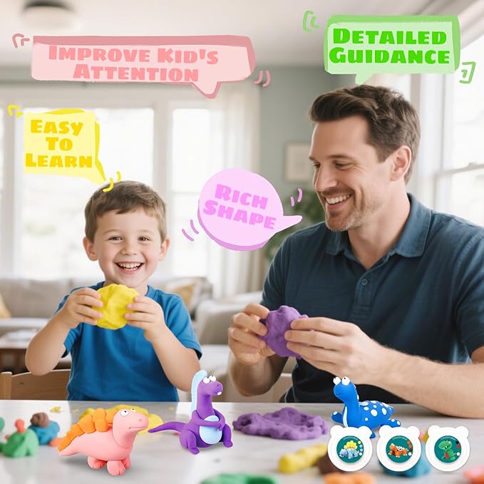 Air Dry Clay Kits: 9 DIY Dinosaur Clay Kit for Kids 3+, Child-Safe Modeling with Guides, Creative Birthday & Christmas Gift for Boy & Girl