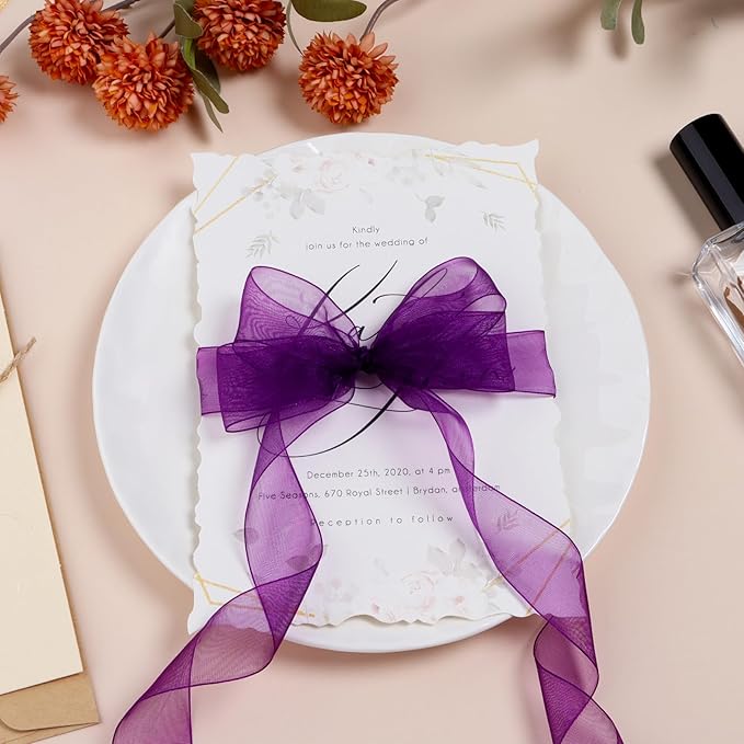 Purple Ribbon for Gift Wrapping 1 inch Sheer Organza Ribbon for Flower Bouquet Tulle Thin Chiffon Ribbons for Wedding Invitations Presents Decorations Crafts 50 Yards
