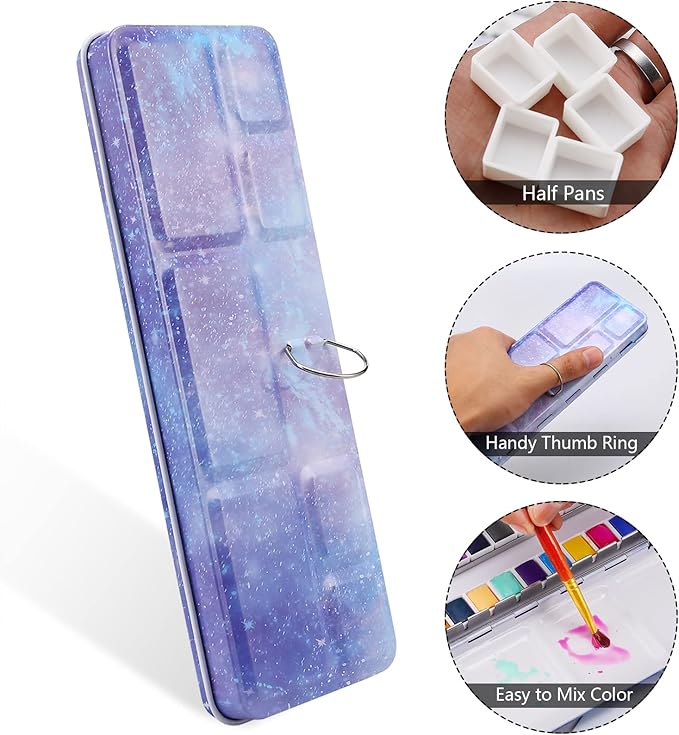LOONENG Empty Watercolor Palette, Empty Watercolor Tin with Fold Out Palette, Medium Purple Watercolor Tray Palette with 26 Empty Half Pans for Plein Air Painting and Sketching