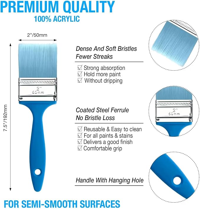 9-Pack Flat Paint Brushes 2 Inch, Paint Brush Set for Painting Acrylic Oil Crafts DIY, Bulk Paint Brushes for Walls,Touch Up,Trim Painting Supplies