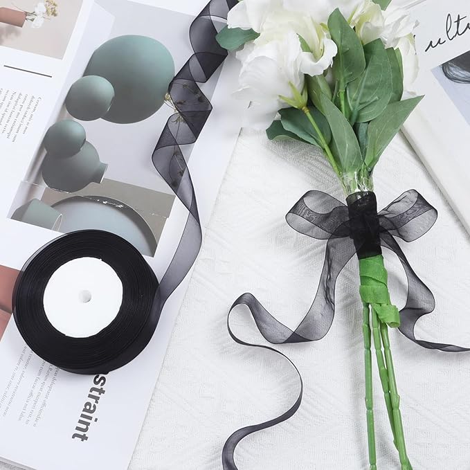 Black Ribbon for Gift Wrapping 3/8 inch Sheer Organza Ribbon for Flower Bouquet Tulle Chiffon Ribbons for Wedding Invitations Christmas Halloween Decorations Crafts 50 Yards