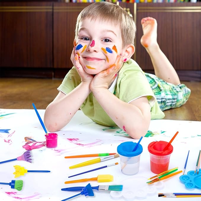 BigOtters Painting Brushes, 45PCS Kids All Purpose Paint Supplies Include Paint Cups with Lids Palette Tray Multi Sizes Brush for Children Gifts School Prizes Art Party