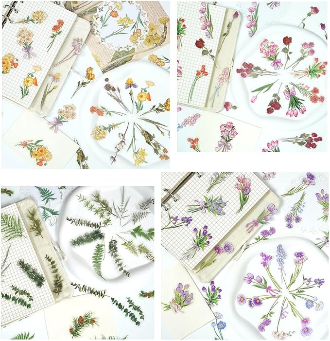 Natural Flower Stickers Set, Colorful Floral Plant PET Decals, Daisy Tulips Lily Rose Pine Branch Leaves Aesthetic Waterproof Stickers for Scrapbook Laptop Bottles DIY Crafts Journals