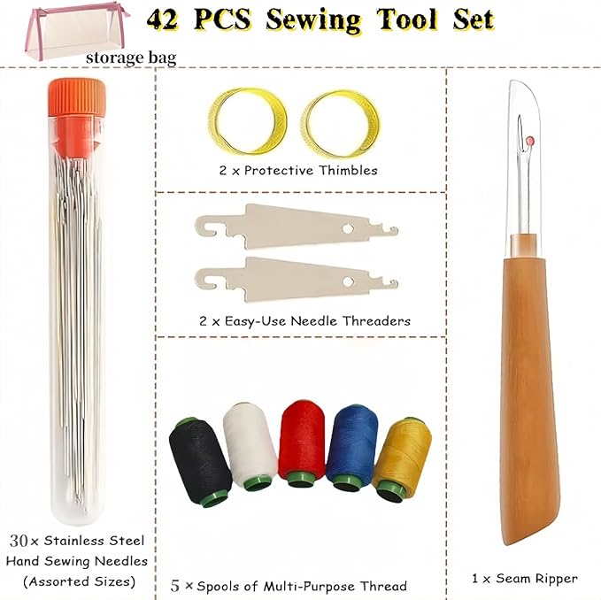 42 PCS Sewing Tool Set, Big Eye Steel Sewing Needles Kit with Storage Box, Portable DIY Embroidery Thread Kit