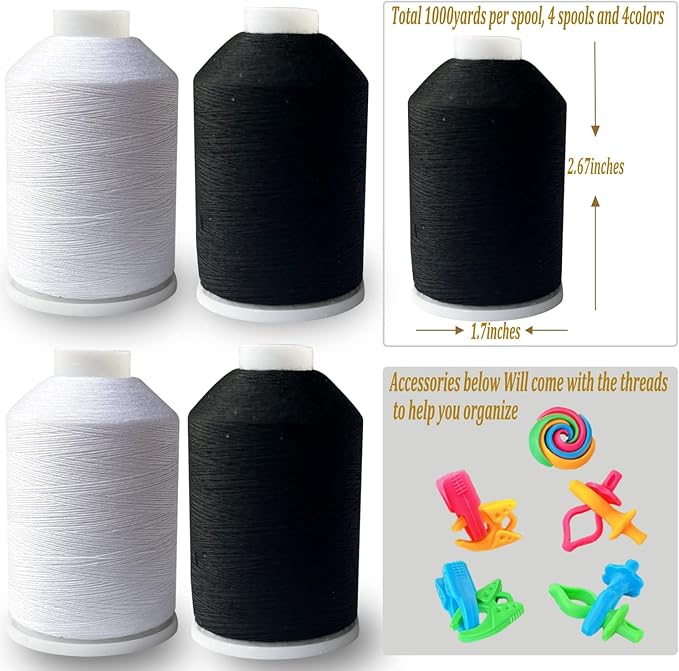 Sewing Thread 4 Colors Set 40s/2 for Sewing Machine，Quilting，Hand Sewing Total 4000yards （2 White&2 Black）