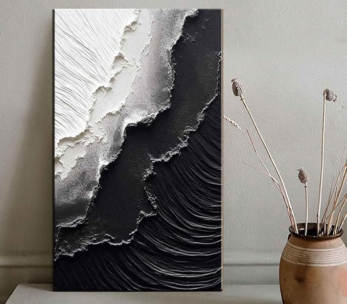 YaSheng Art - Thick Texture Abstract Oil Painting Hand-Painted sea wave Black and White Wall Art Minimalist modern Art Paintings Home Living room Room Dining Room Bedroom Wall Decorative Art Oil Painting 24x48inch