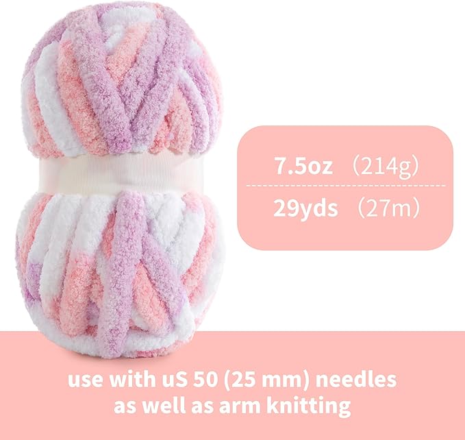 HOMBYS 12 Pack Giant Chunky Yarn for Crocheting & Knitting, Super Bulky Soft Fluffy Tie Dye Plush Fuzzy Mixed Color Thick Chenille Yarn (Pink, Purple)